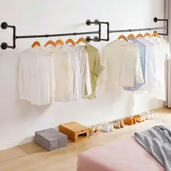 Industrial Pipe Clothes Rail Metal Garment Hanging Rail Super Stable Wall Clothes Hanger Rack for Bedroom Living Room