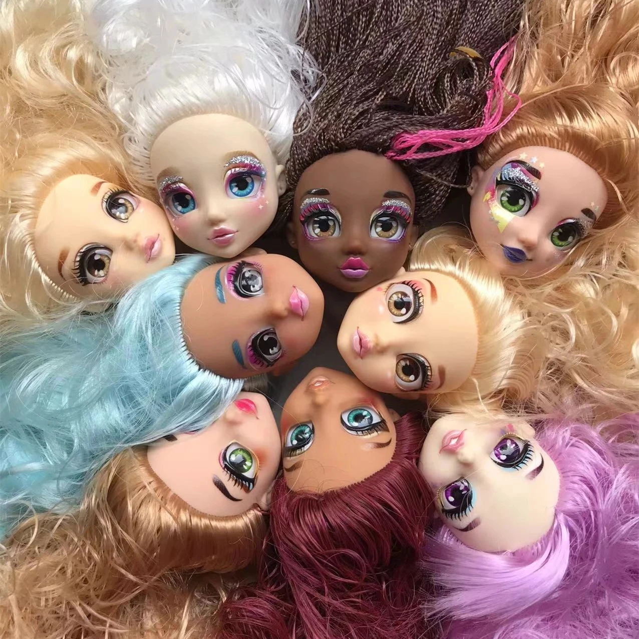 Colorful Hair Doll Heads Sparkly Glasses Eyes Doll Parts White Purple Gold Blue Black Hair Doll Accessories Kids DIY Doll Heads