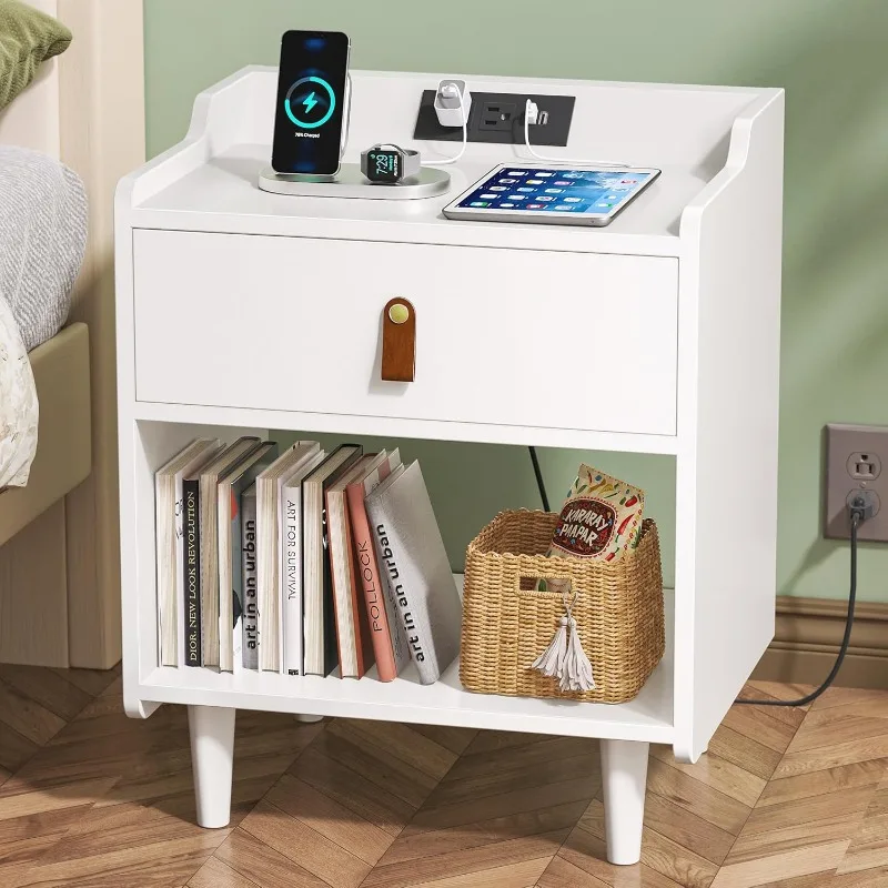 White Nightstand with Charging Station, Night Stand with Drawer and Leather Pull, Modern Bedside Table with Raised Edges