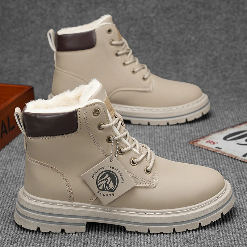 Men's High-Top Boots with Plush Lining, Thick and Warm Interior for Cold Weather Protection, Thick Non-Slip and Wear-Resistant Soles, Rugged Workwear Style, Warm and Stylish for Autumn and Winter Outings, Suitable for Various Daily and Outdoor Wear Situations.