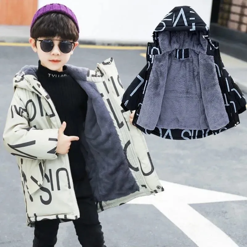 Winter Thick Warm Boys Jackets Coats Fashion Letter Print Cotton Down Jacket Hooded Windbreaker Outerwear for Children Clothes