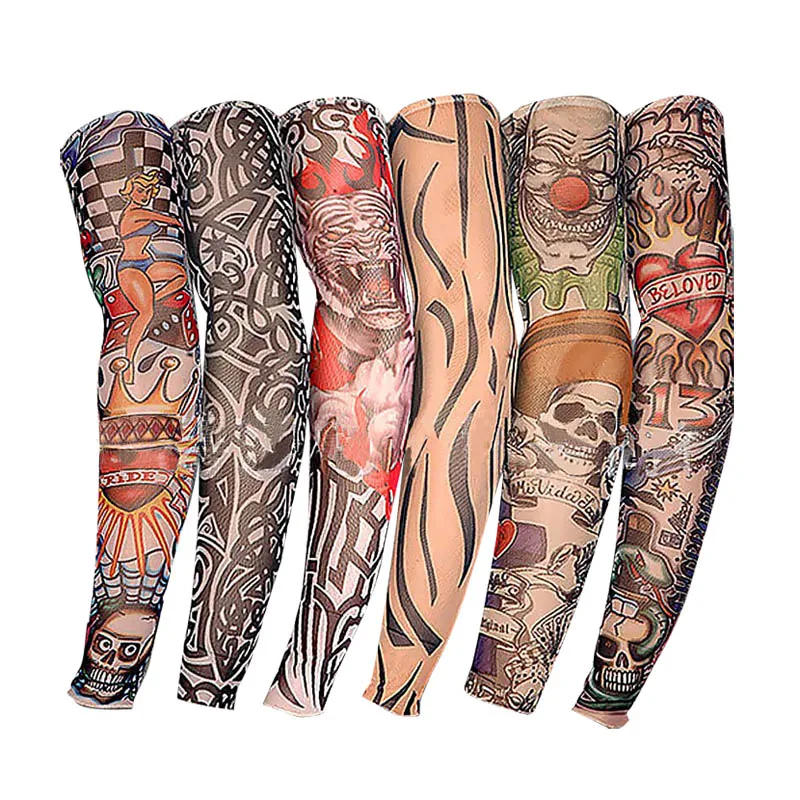 6pcs Summer Outdoor Cycling New Nylon Elastic Fake Temporary Tattoo Sleeve Designs Body Arm Stockings Tatoo for Cool Men Women