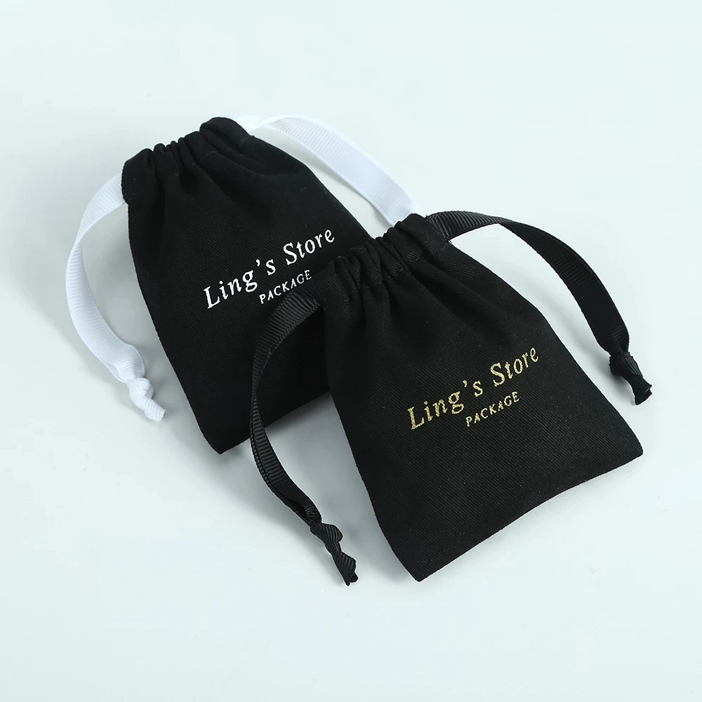 Cotton Drawstring Pouch Bags with Ribbon, Custom Personalized Logo, Jewelry Packaging, 10A Thick Canvas, 50 Black