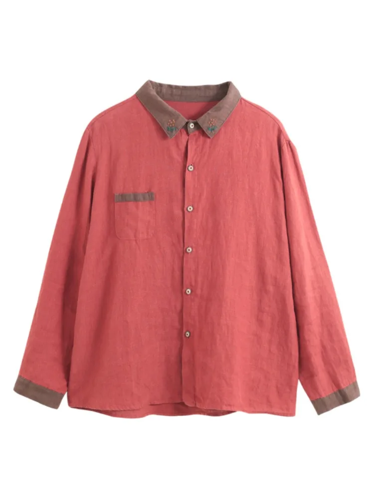 Lässiges, langärmliges Oberteil aus Baumwoll-Leinen für Damen, einfarbig, schlankmachend, mit Knopfdesign, normale Passform, einfarbig, Herbstkleidung