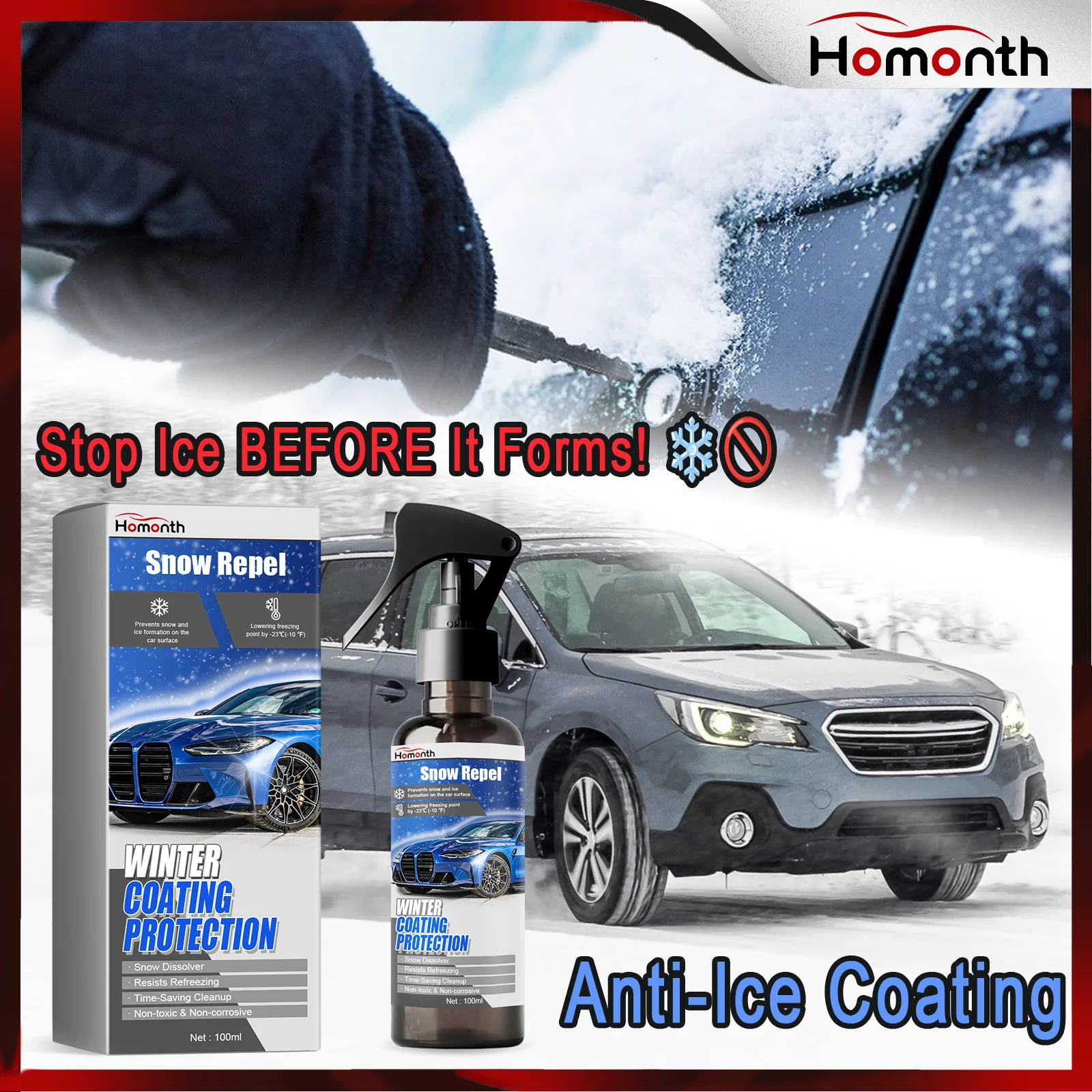 Quick Spray On Ice Melter for Car Windshield 100ml Anti Frost Coating Formula Prevents Snow BuildUp Fast Acting Deicer Defroster