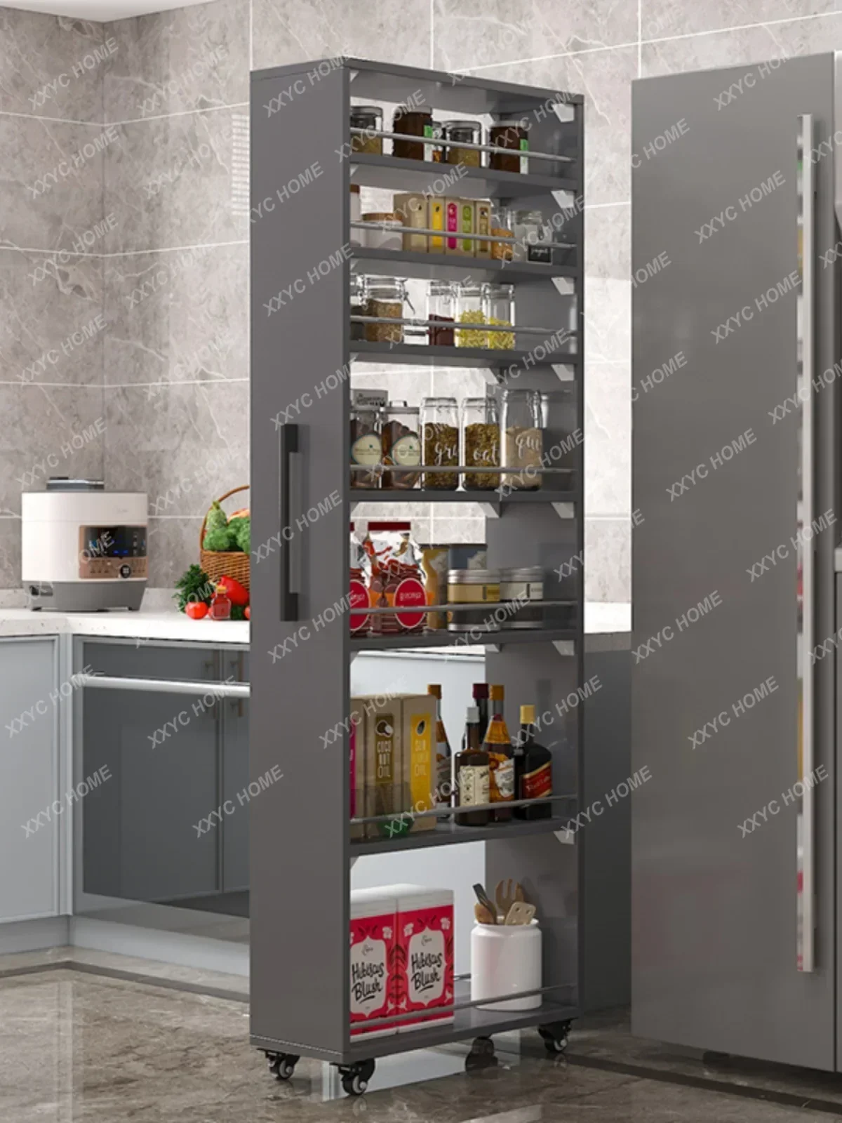 Crack storage rack, kitchen, refrigerator, gap shelf, narrow side cabinet, side pull large capacity and movable