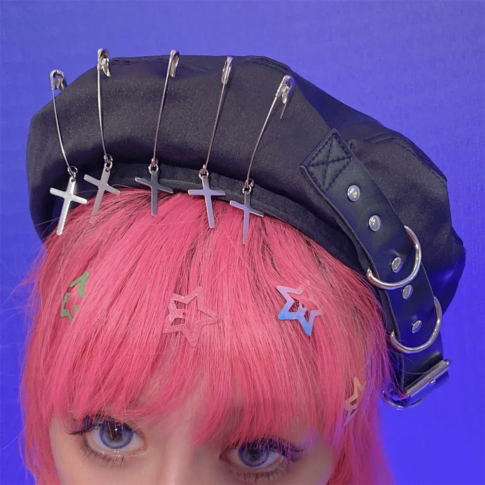 Ruibbit Punk Rock Gothic Tassel Metal PU Leather Patchwork Beret Cap Harajuku Vintage Lolita Beret Hats Womens Hats