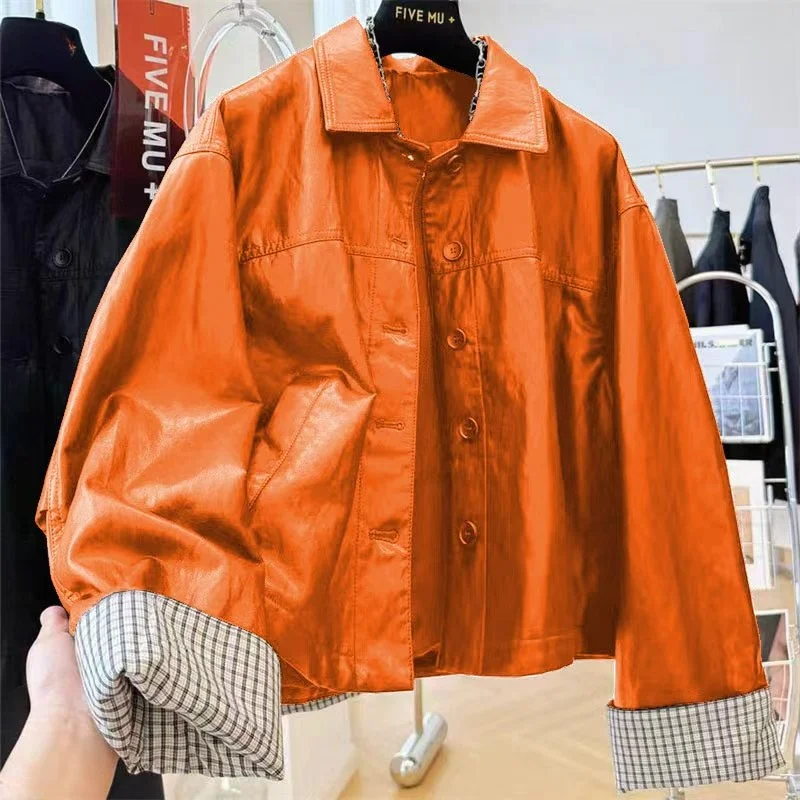 Loose Casual Korean Style Leather Jacket Women's Special Offer Spring Autumn Good Looking Flip Collar Outerwear Coat