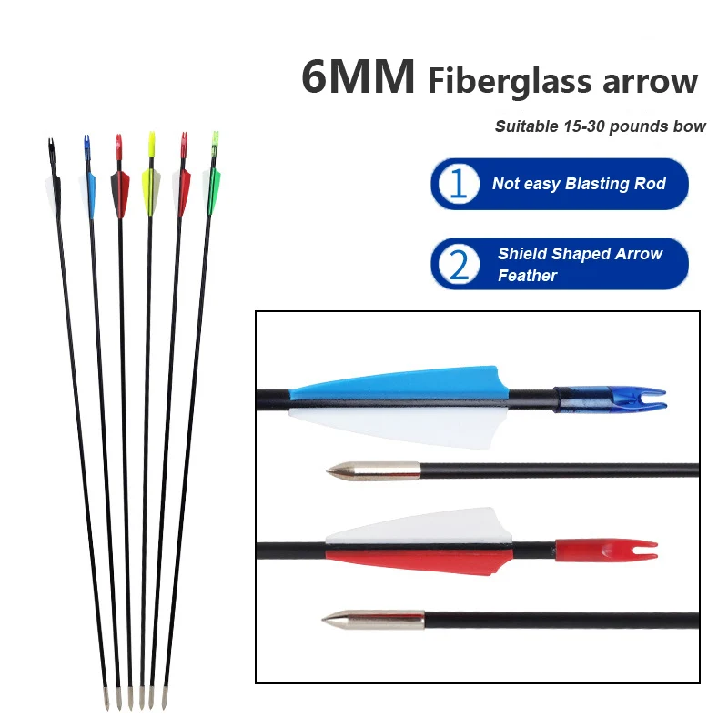 

6MM Fiberglass Arrow Outdoor Archery Practice Arrow Suitable for 15-30 pounds Reverse/Traditional/Straight Pull Bow