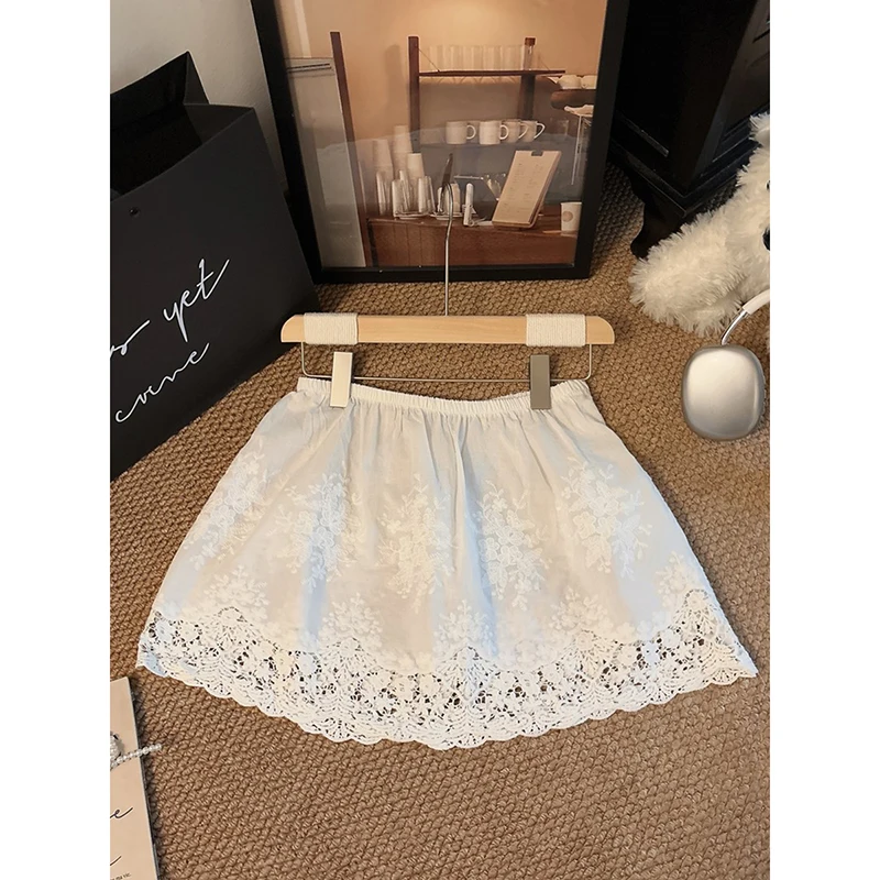 Pure Cotton White Lace Shark Skin Bottoming Skirt Soft Comfortable Breathable Girl's Spring Summer Loose Fit Elastic Waist Skirt