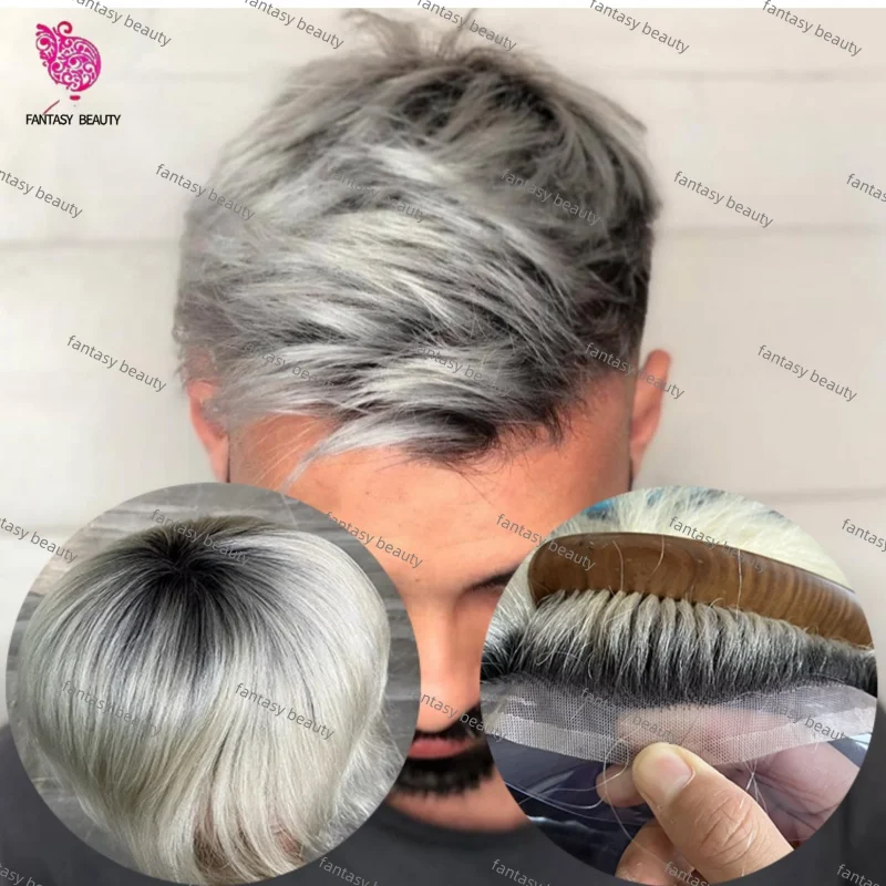 كامل الدانتيل 1B/T60 الرجال الشعر المستعار شعري طبيعي الذكور الشعر المستعار الأبيض جذور سوداء 100% الأصلي خصلات الشعر المستعار الإنسان للرجال استبدال