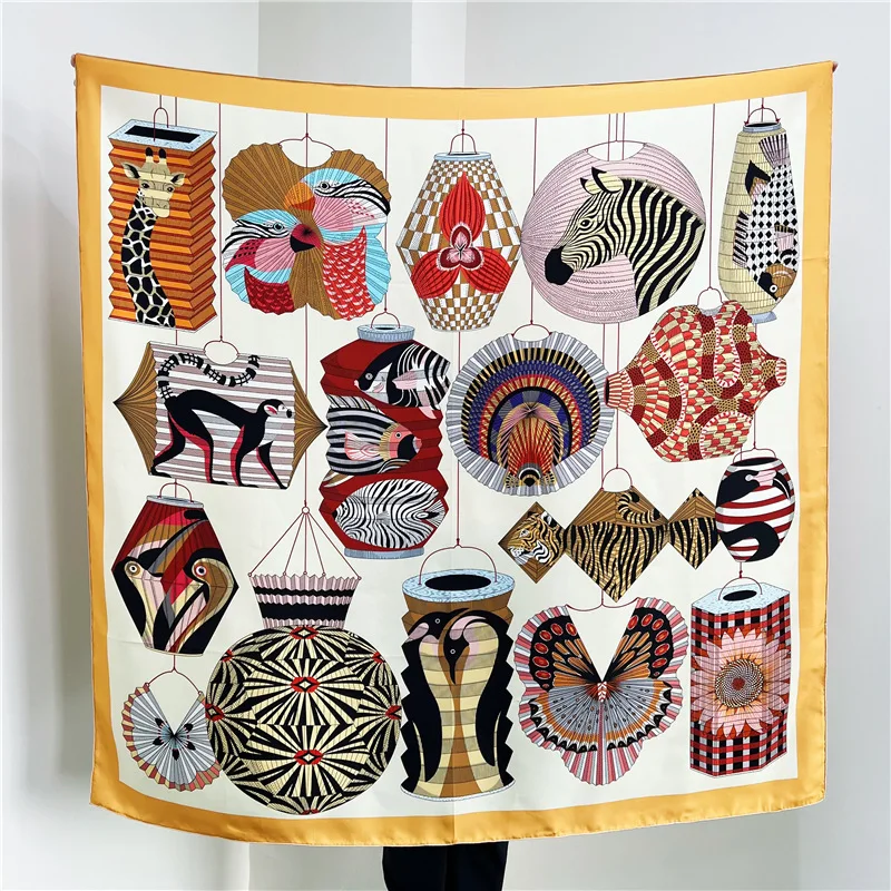 

High-end Elegant Women Fine Lantern Flower Print Quality 12MM Twill Silk Hand-rolled Edge Versatile Large Square Scarf Shawl