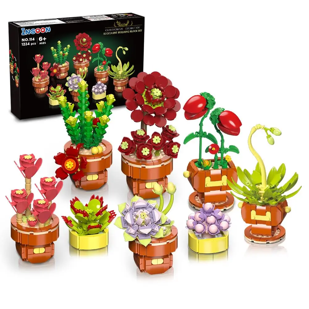 Succulent Flowers Bonsai Building Sets-8 Packs Botanical Block for Home Decor Plant Toy Gifts for Adults Kids Girls Boys Age6+