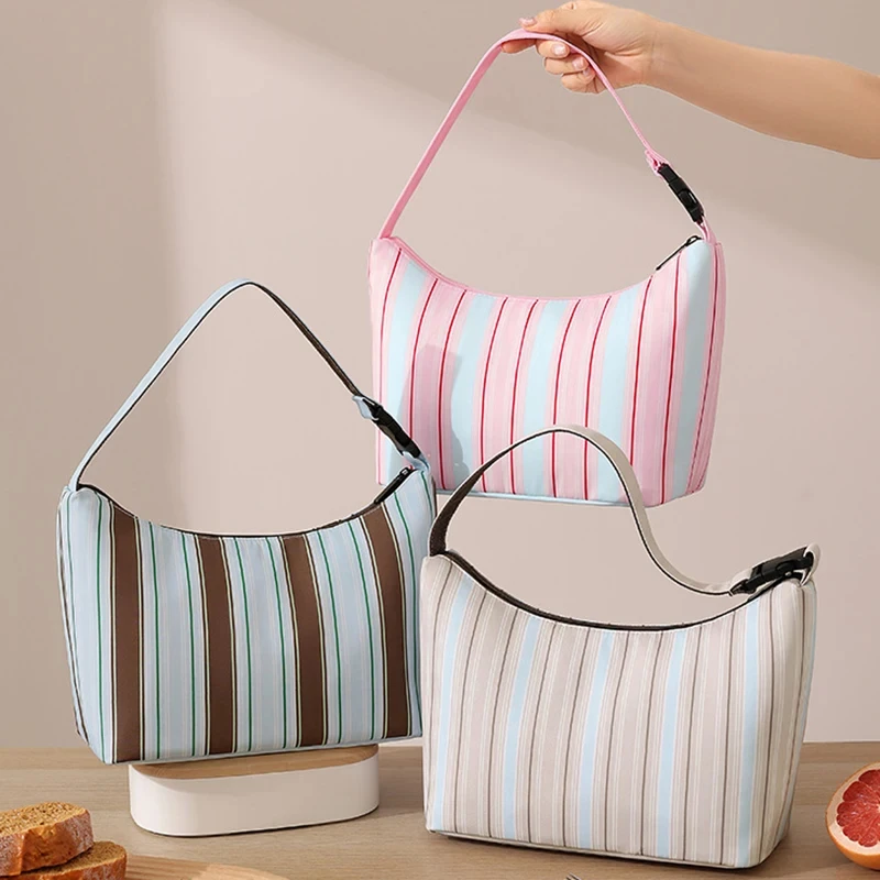 Portable Striped Thermal Tote Bento Box Large Capaci Insulated Lunch Box Bag Hand-Held Crossbody Food Storage Cooler Handbag