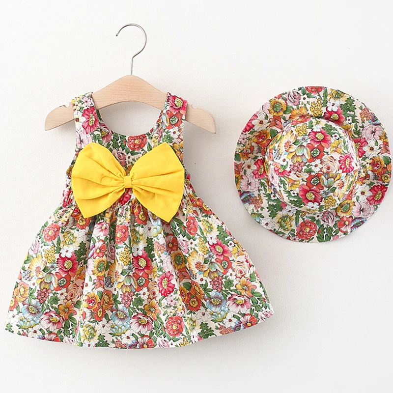 New In Summer Toddler Girl Clothes Korean Fashion Flowers Cute Bow Sleeveless Cotton Baby's Dresses+Sunhat Princess Dress BC146