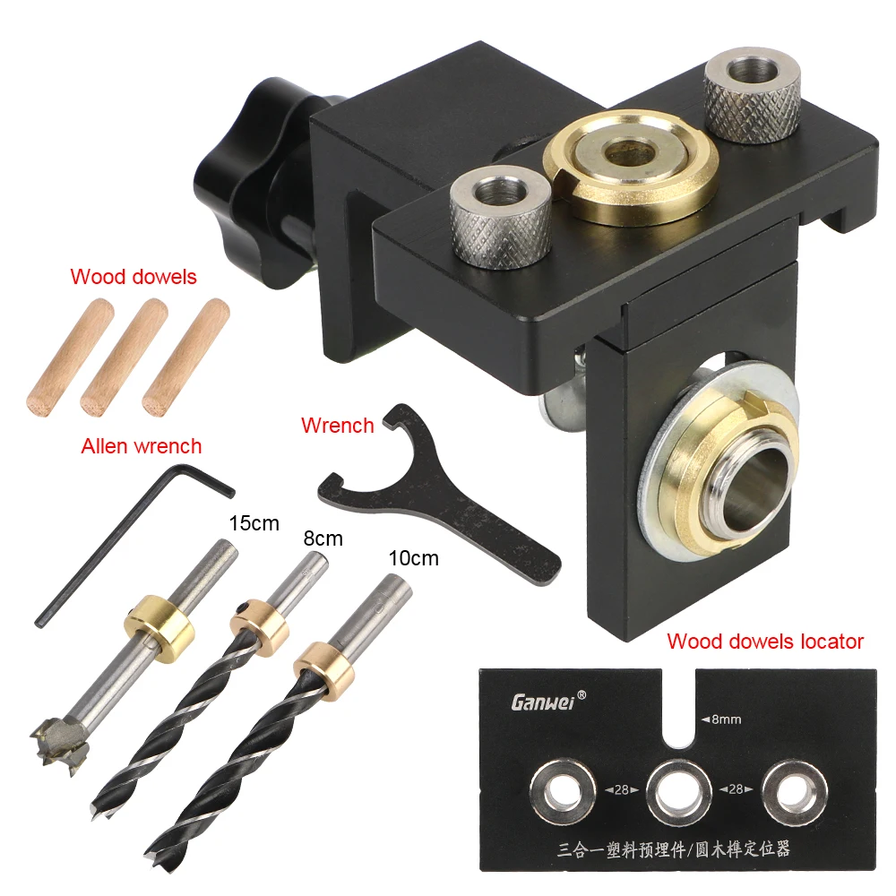 

3 In 1 Puncher Tools Doweling Jig Woodworking Pocket Hole Jig With 8/15mm Drill Bit Adjustable For Drilling Guide Locator