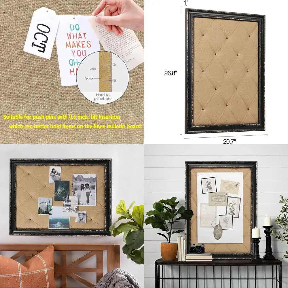 

Large 21x27 Black Framed Linen Cork Board, Rustic Wall-Mounted Memo Board for Home and Office Decor