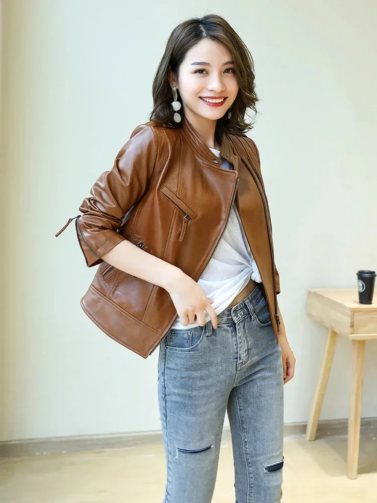 Leather Genuine Jacket Women Spring Autumn Stand Collar Slim Zipper Cropped Motorcycle Jackets High-quality Real Sheepskin Coats