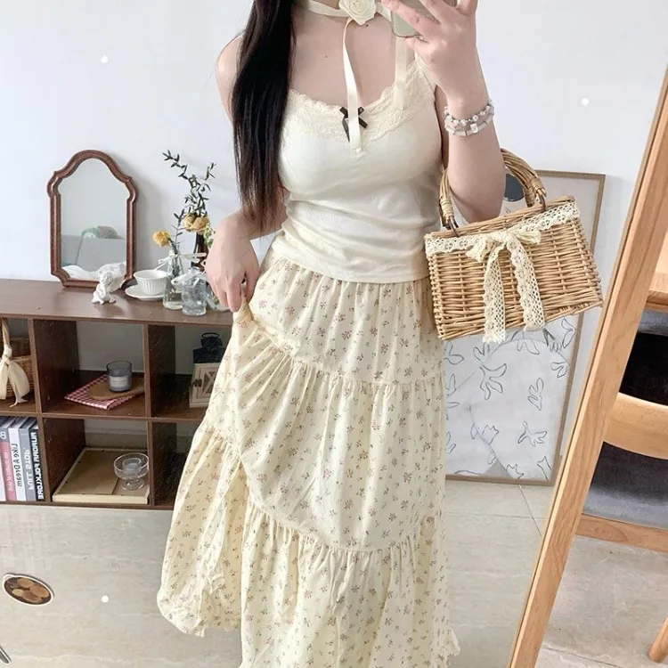 Sweet Fresh Floral Fungus A-line Skirt for Women High Waist Ruched Cake Skirts 2024 Summer New Mid-length Lloose Faldas Mujer