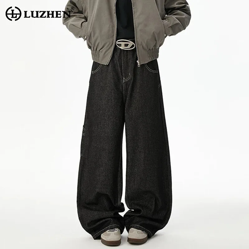 Celana Jeans Pria LUZHEN Model Lurus Longgar Warna Solid dengan Kantong Pinggir Bergaris, Desain Terbaru 2025, Original, Kaki Lebar JY4460
