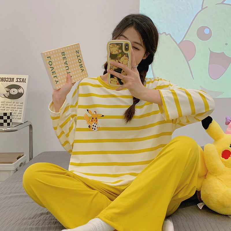 Pokémon Pikachu Spring and Autumn Crew Neck Pullover Striped Pajamas Women's Imitation Cotton Loose Long Casual Loungewear