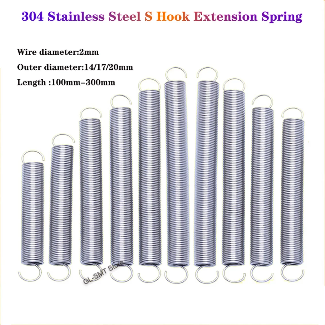 Resorte de extensión de gancho S de 1 pieza, de 2mm diámetro de alambre, longitud de 100-300mm, bobina de tensión helicoidal de cilindro inoxidable 304