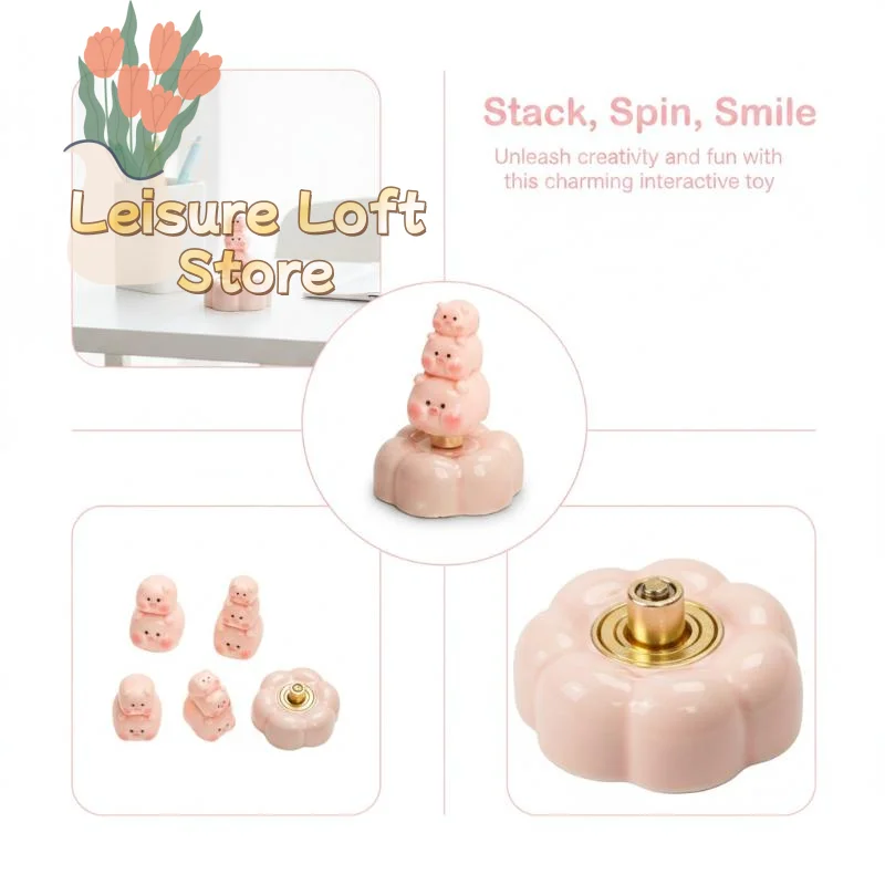 Rotating Resin Pink Pig Ornament Stackable Cute Creative Desktop Figurine for Living Room Table Decor Birthday Gift