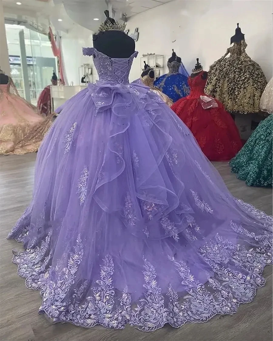 ANGELSBRIDEP Shiny Lavender Quinceanera Dresses With Bow Floral Lace Off-Shoulder Vestidos De 15 Anos Birthday Party Customized