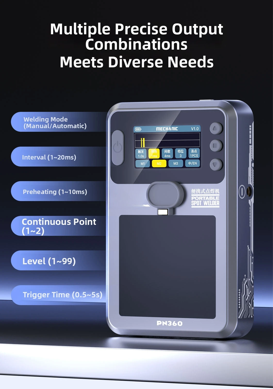 PN360 Dual Handheld Spot for welder for Mobile Device Battery Repair with 5V/2.1A Input 4.2V Output and ABS Black Construction