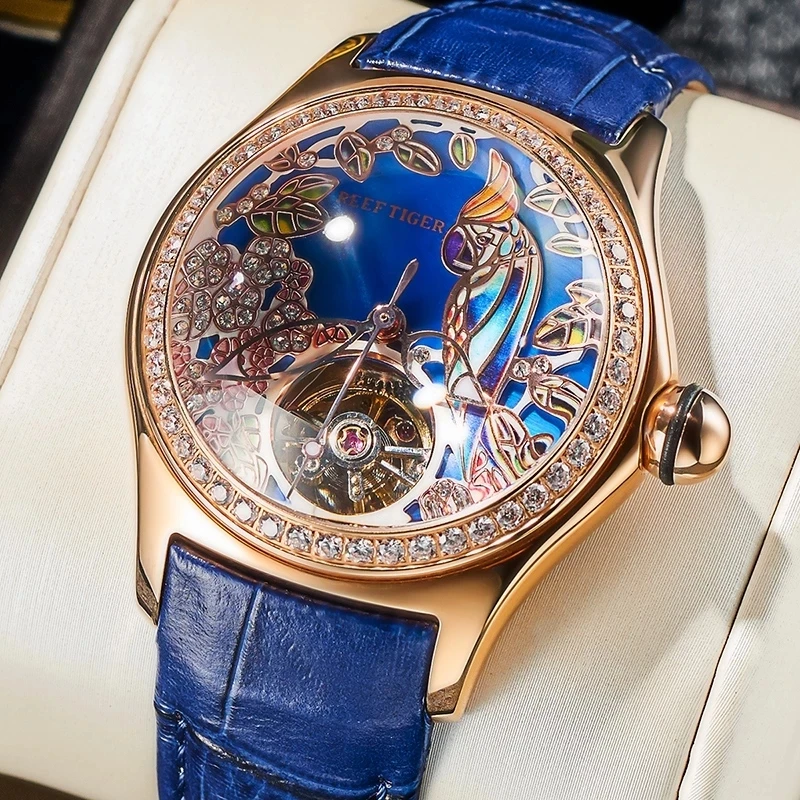 Reef Tiger/RT Fashion Blue Dial Women Watches Leather Strap Waterproof Automatic Watches Diamond Tourbillon Mechanical Watches