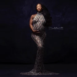 Sexy Shiny Goddess Bodysuit Rhinestone Maternity Dress For Photo Shoot Plus Size Senior Pregnant Maternity Photography