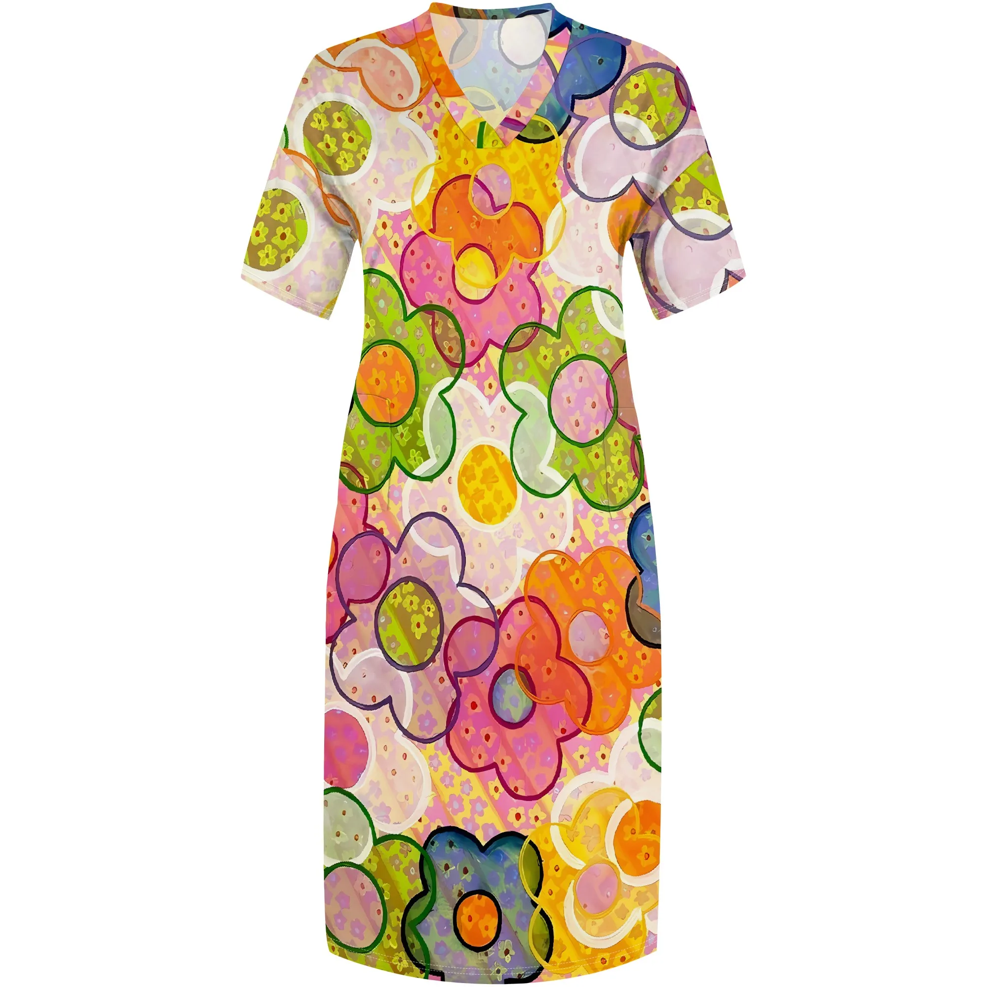 Nupusa kleurrijke bloemenprintjurk voor dames plus maat zomer casual maxi-jurk met V-hals en korte mouwen