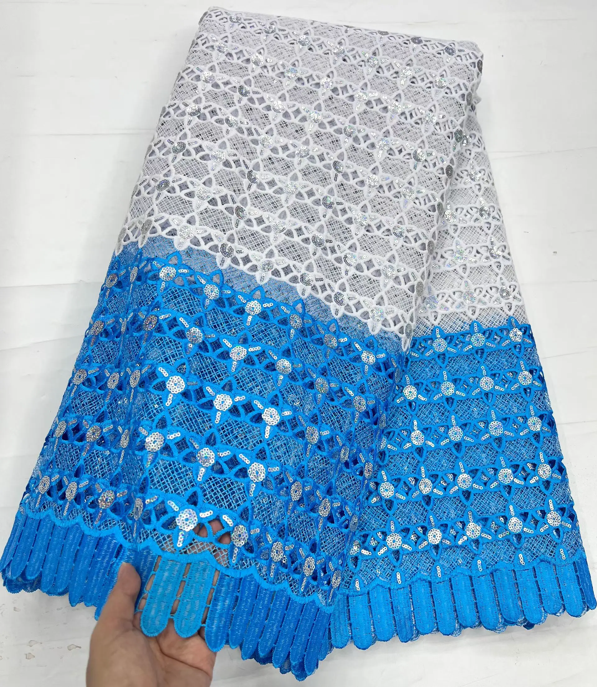 

2026 High Quality New Arrival Double Color Sky Blue White French African Sequins Guipure Cord Water Soluble Lace Fabric KHD26107