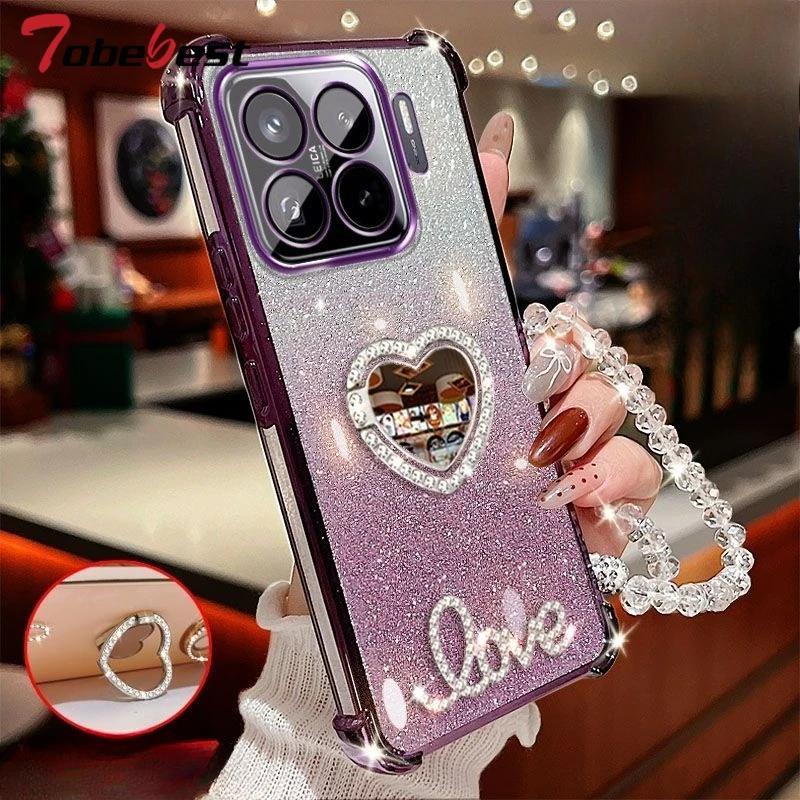 

3D Love Mirror Phone Bracelet Case for Xiaomi 15 14 Ultra 15T 15S 14T Pro Glitter Shockproof Plating Cover