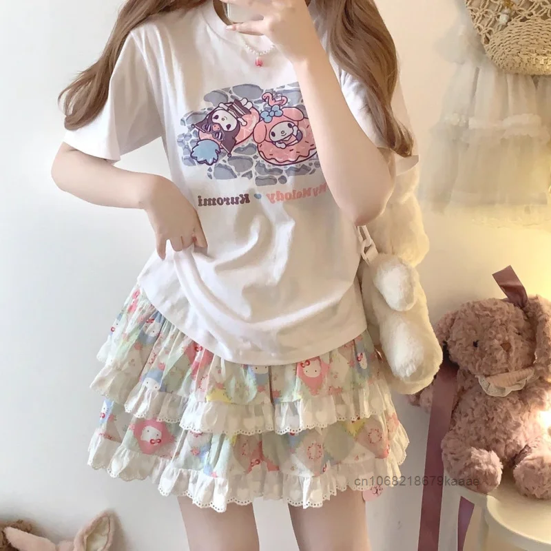 Sanrio Hello Kitty Fresh Cartoon Sweet Fluffy Skirt Y2k Cute Soft Girl Lace Short Skirt Japanese Style Harajuku Trend Half Skirt