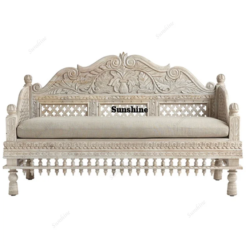 

South East Asia wind solid wood carving flower hollow three-person sofa log old Thai Arhat bed custom furniture exportY