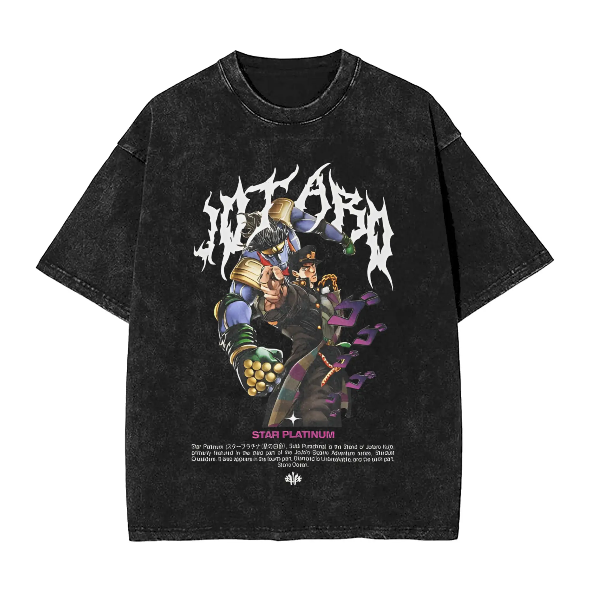 

JJBA Anime Jotaro Star Platinum Men's T Shirt Washed Crazy Tee Shirt Short Sleeve Round Collar T-Shirts Pure Cotton Summer Tops