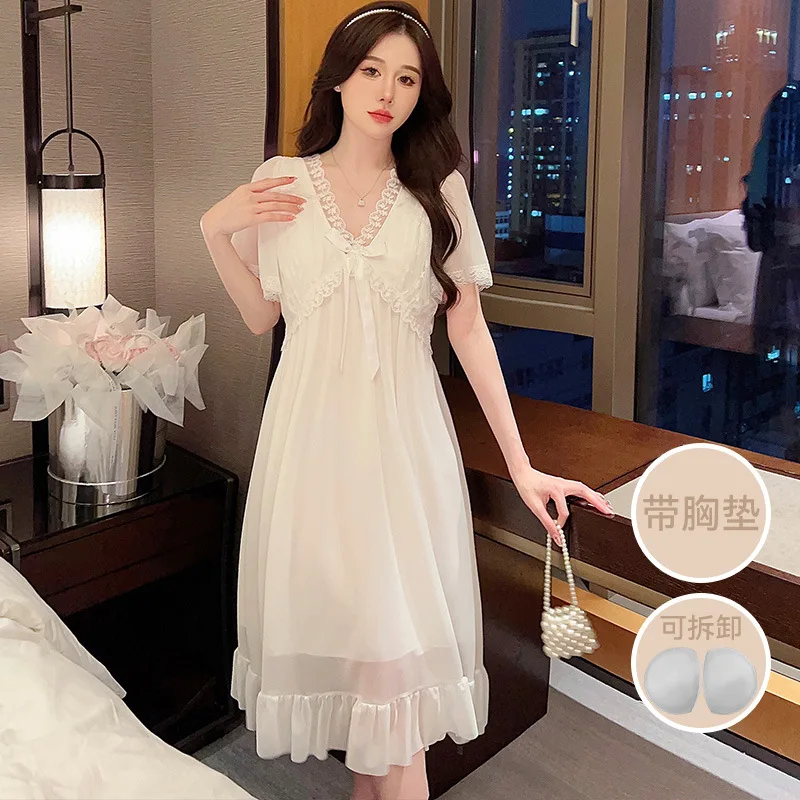 

Korean White Lace Mesh Nightgown with Cheat Pad Women's Summer Short-sleeved Pajamas Dress Palace Gauze Loose Home Sleepdress