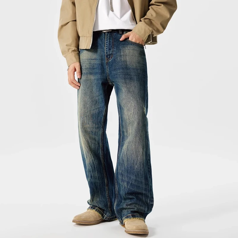

Korean Retro Blue Jeans With Water Pattern Design Long Pants Men'S Wide Jeans Flared Jeans Casual Straight Leg Pants