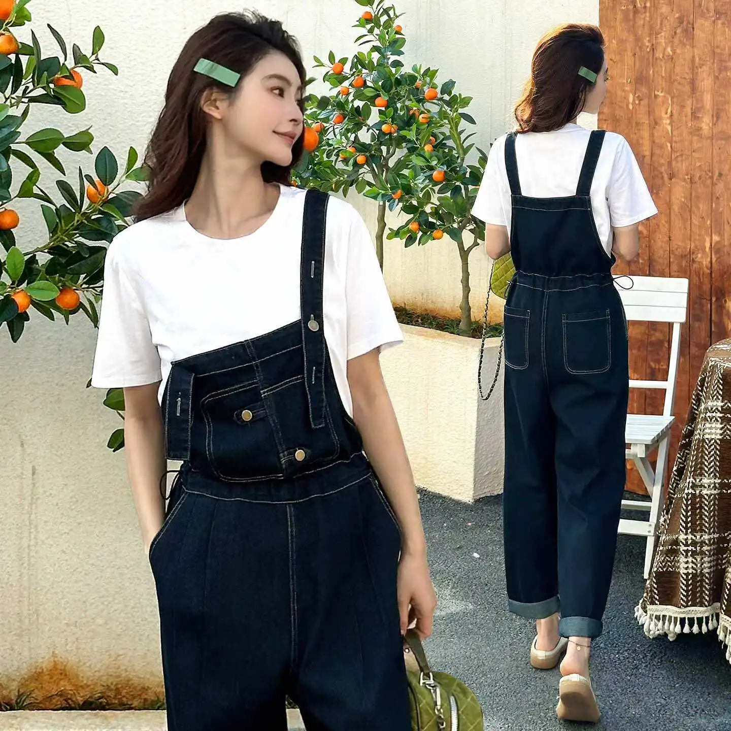 

American Retro Denim Workwear Overalls Women's Two-Piece Set Spring Autumn k Blue Denim Jumpsuit Set High Waist Button Clo...
