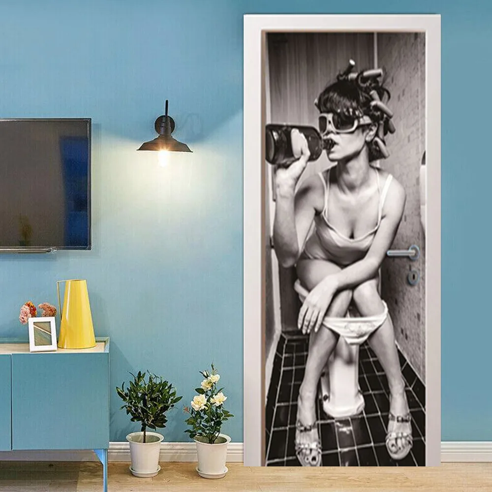 Toilet Girl Sexy Door Sticker Wrap Wall Sticker Mural Wallpaper Self Adhesive PVC Removable Waterproof Doors Decal Woman Rooms