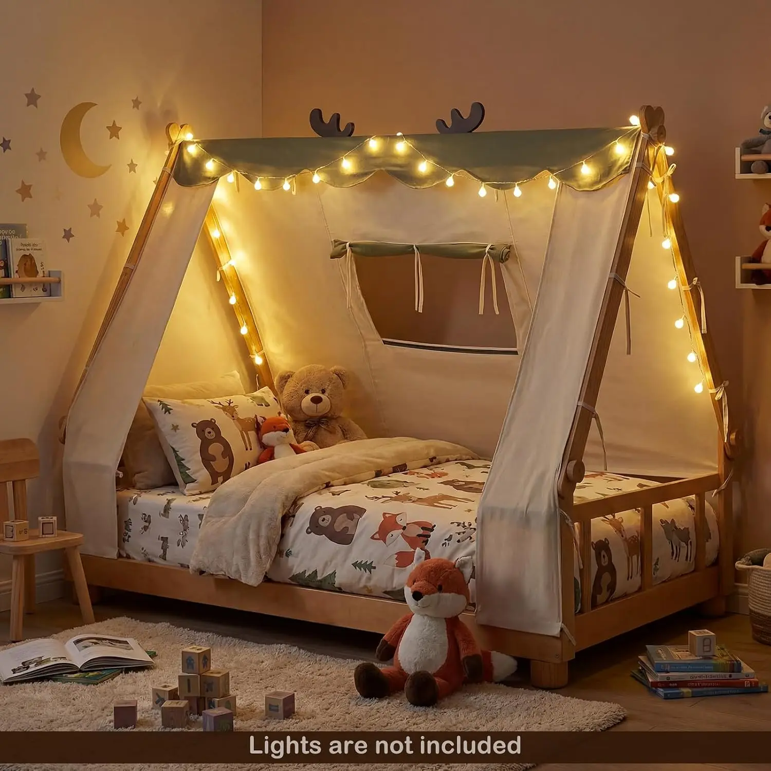 Wooden Twin Bed Frames Kids House Antlers Floor Bed Montessori Tent Window Fence Guard Rails Wooden Slat Support No Box Spring N