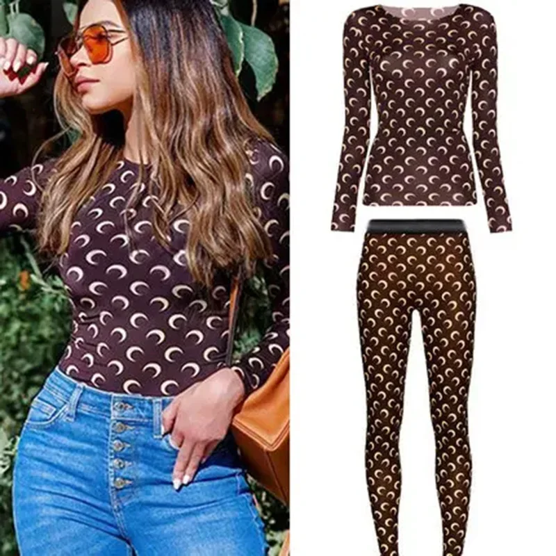 

Moon Print Two Piece Set Women American Retro Sexy Ice Silk Top and Pants Long Sleeve Round Neck Sun Protection Autumn Clothes