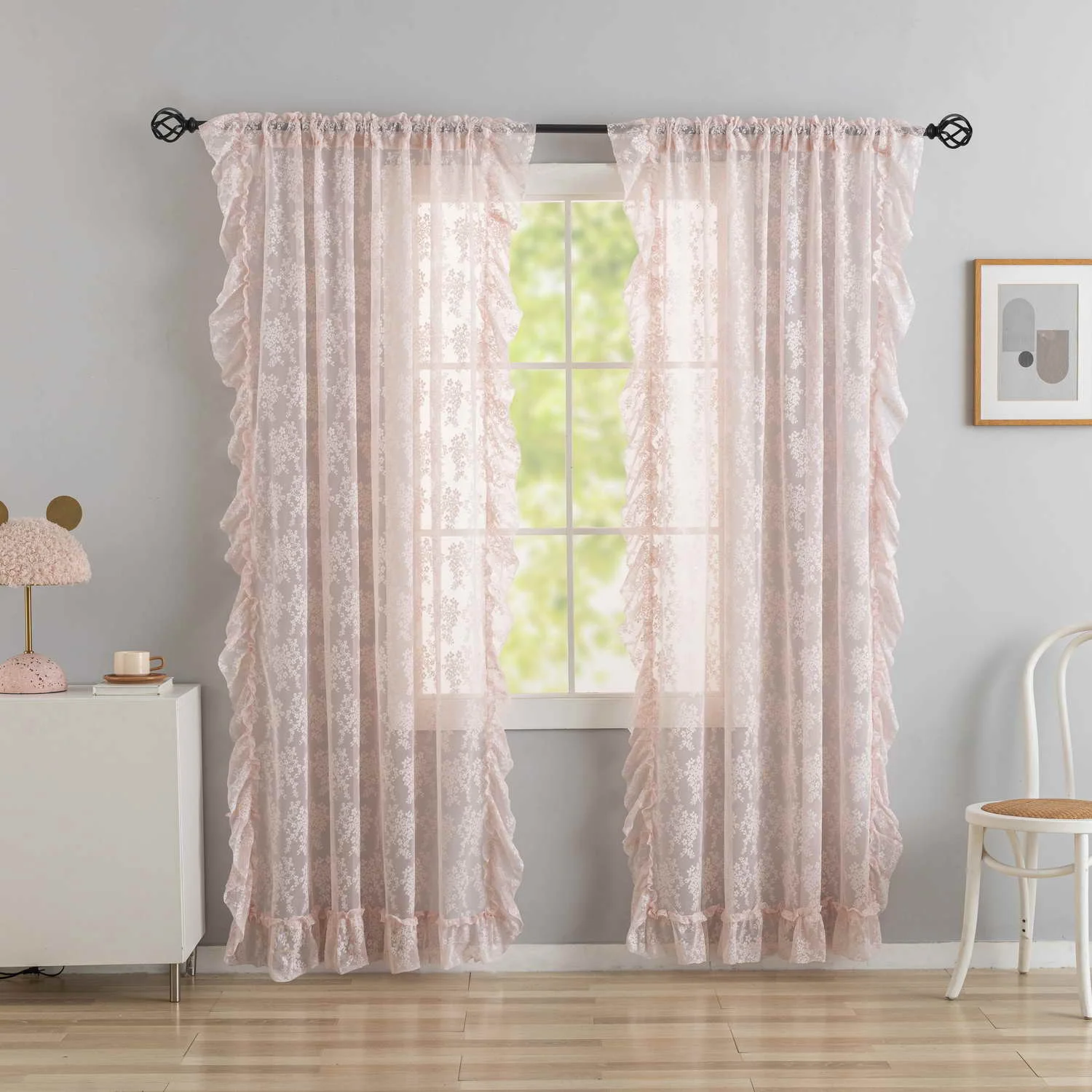

French Embroidery Lace Pink Sheer Curtain For Bedroom, Dustproof Privacy Tulle Curtain For Floor-To-Ceiling Windows,Home Curtain