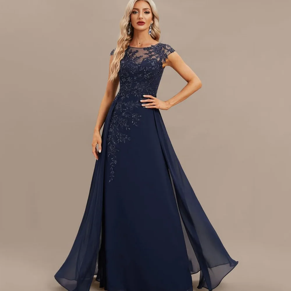 Elegantes Applique até o chão Vestidos para mulheres, uma linha Cap Sleeve, Ilusão Mãe Vestidos, 2024