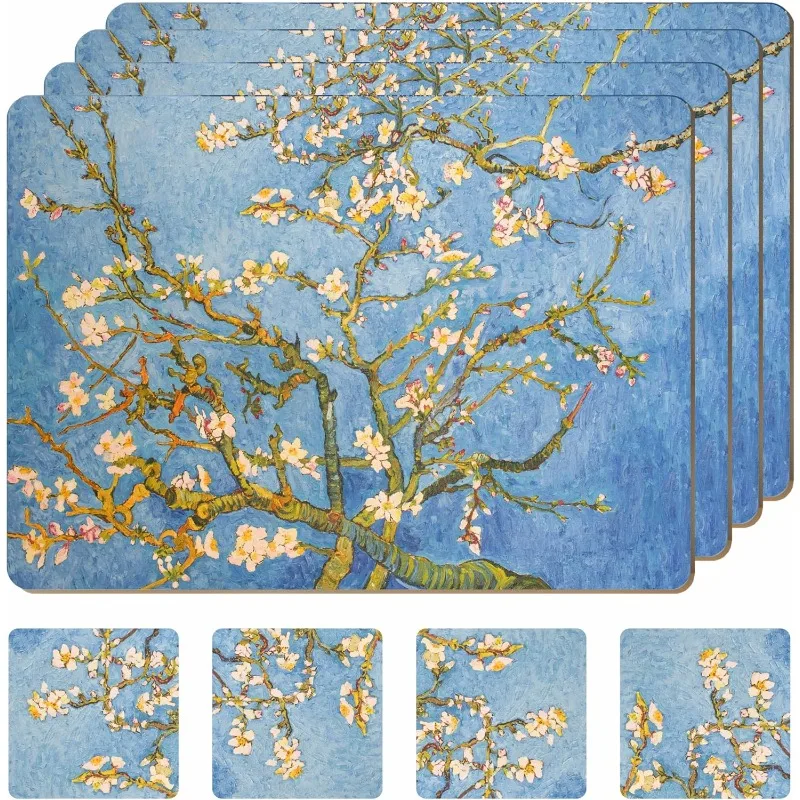 Set of 4 Heat Resistant   Van Gough Blue Botanical Design 16 x 12 Inches Cork Backed Hard Placemats (Almond Blossoms)