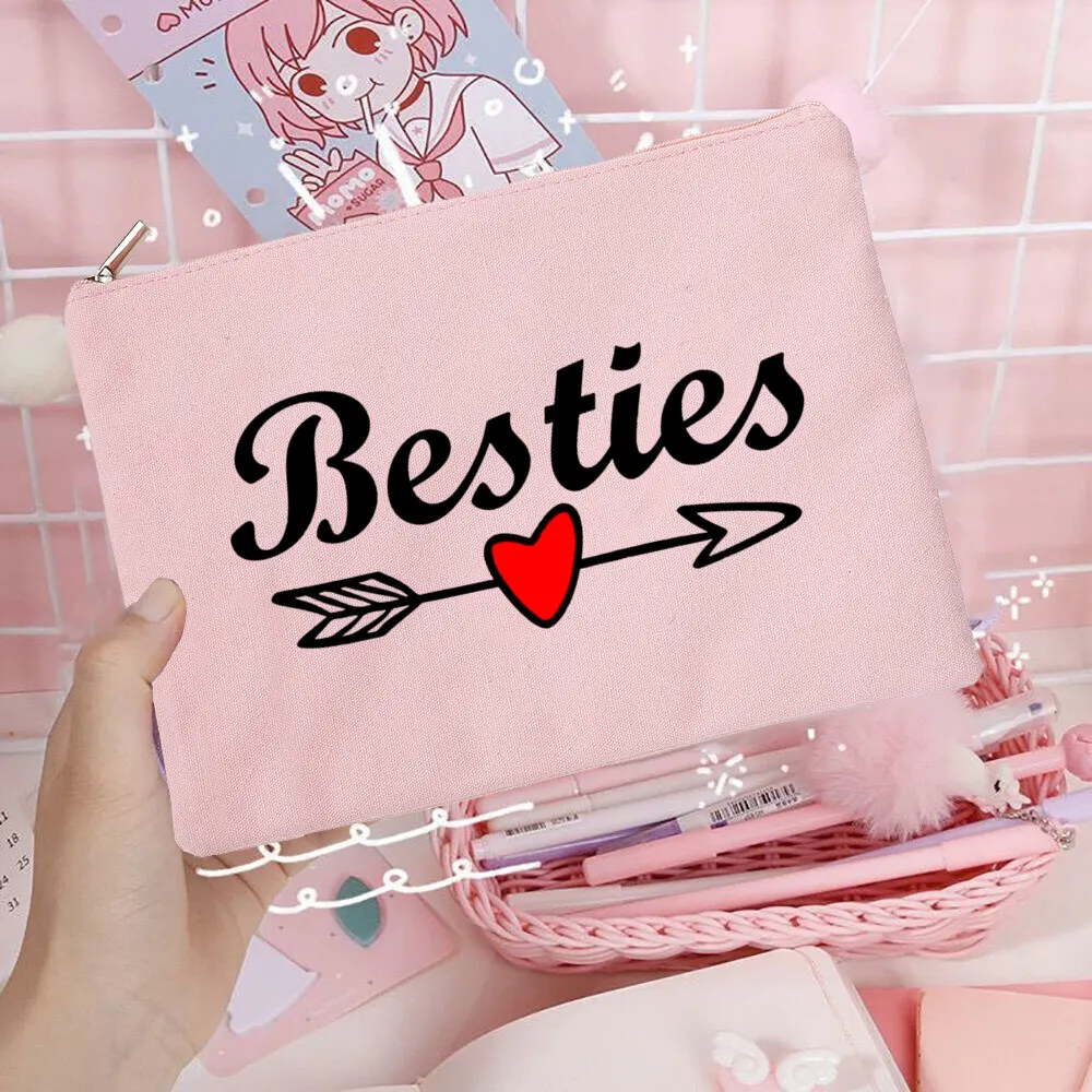 Bestie Letter Print Makeup Bag Fashion Portable Toiletry Pouch Canvas Zipper Makeuo Bag Perfect Gift for Your Best Friend