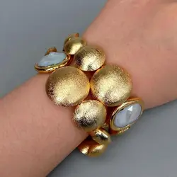 Y·YING 2 Strands Freshwater Cultured White Coin Pearl Gold Plated Brushed Bead Bead Bracelet Women Wedding Jewelry