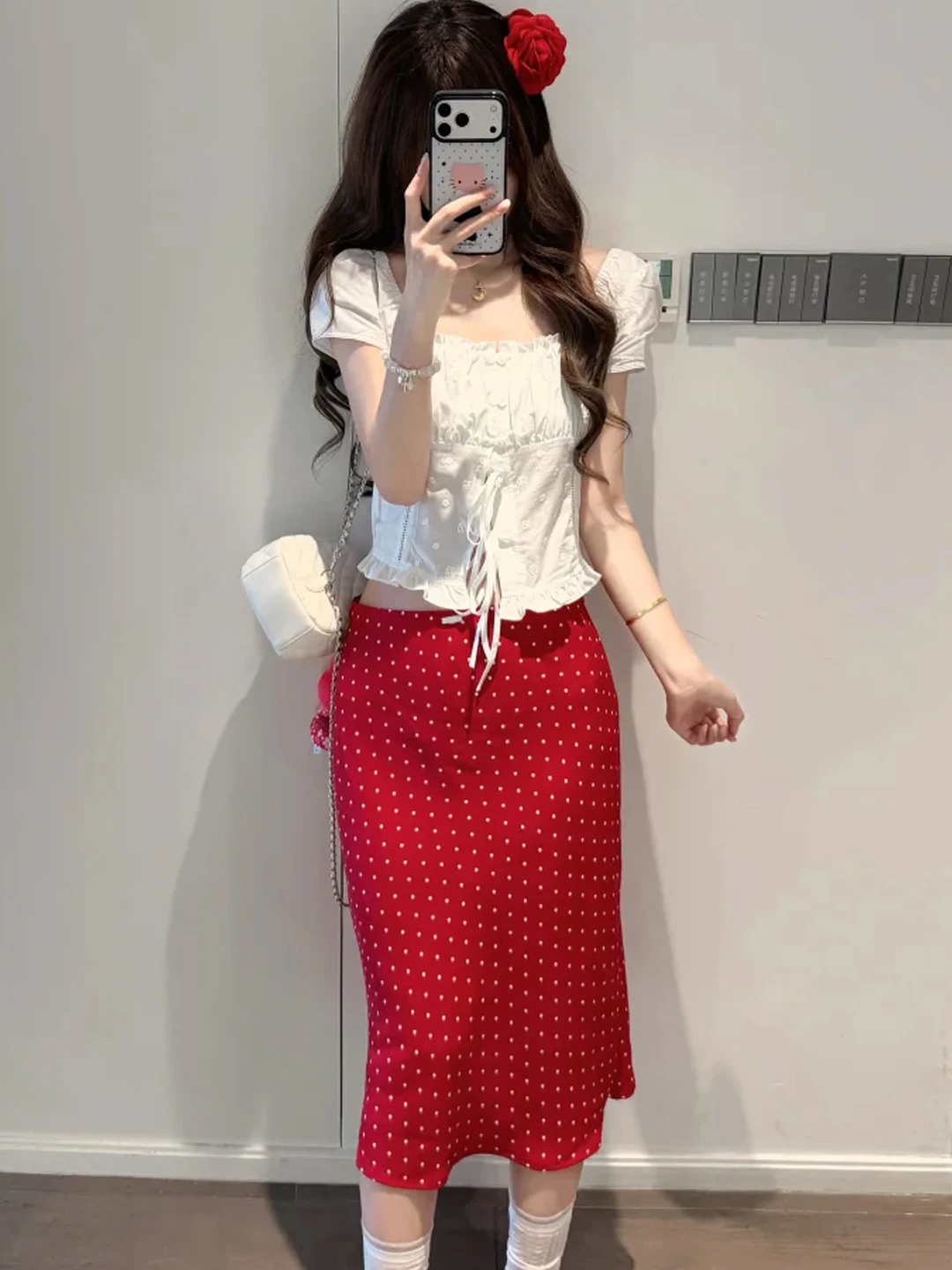 Summer 2026 Retro Red Polka Dot A-Line Midi Skirt Women's High Waist Slimming Skirt Versatile Bodycon Dress Casual Chic