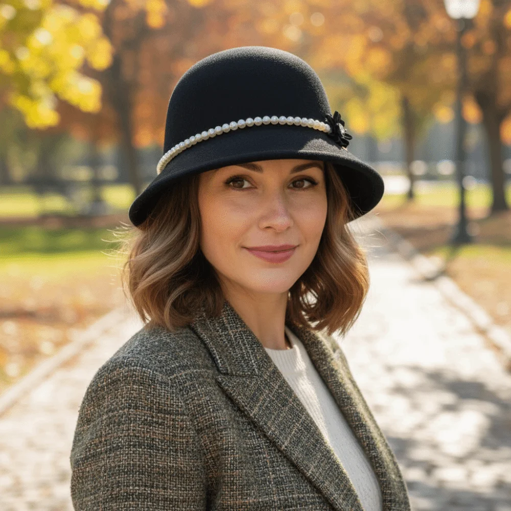 أنيقة لؤلؤة زهرة توبر قبعة بلون النمط الفرنسي صياد قبعة الصوفية الدافئة الصوفية قبعة بحافة الكنيسة #4